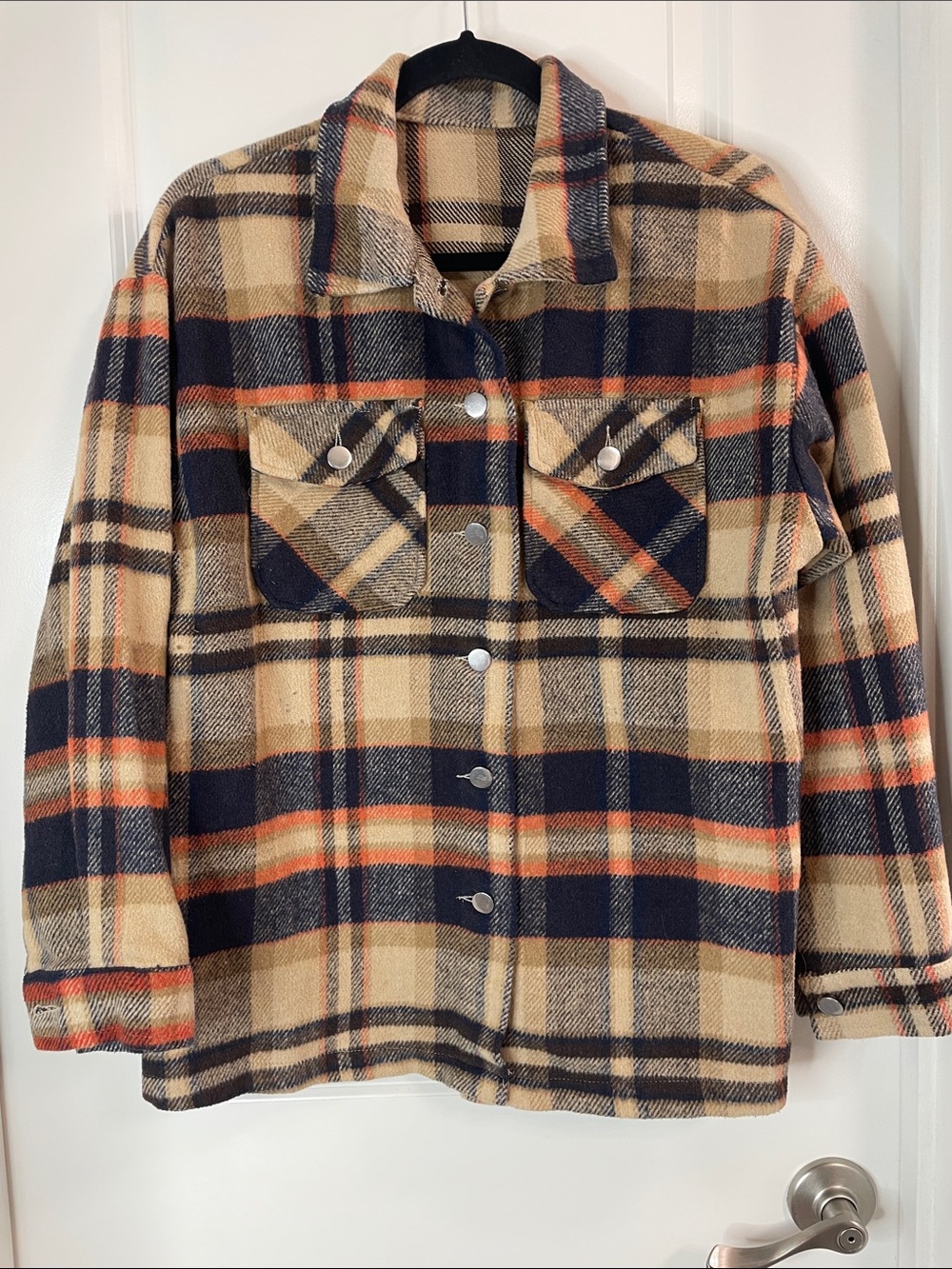 Beige and Navy Plaid Button-Up Shacket with Orange Accents